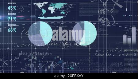 Bild der statistischen Datenverarbeitung und mathematischen Gleichungen vor blauem Hintergrund Stockfoto