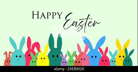 Happy easter Card. Nahtloser Hintergrund mit Frühlingsmuster und mehrfarbigen Osterhasen. Niedliches Häschen Stockfoto