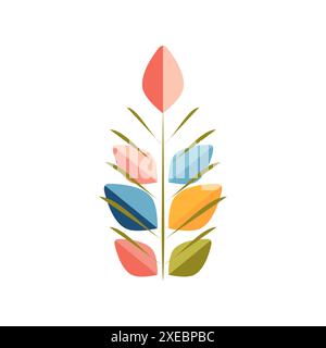 Symbol einer geometrischen Verzweigung mit gespiegelten bunten Blättern und Adern, die ein symmetrisches Muster auf weißem Hintergrund erzeugen. Das Design ist modern und dekorativ, mit lebhaften Farben und einem trendigen Stil. Stock Vektor