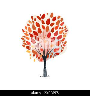 Rosafarbener Baum mit orangefarbenen und roten Blättern. Herbst. Handgezeichnet. Illustration des flachen Vektors. Stock Vektor