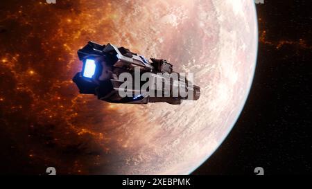Großes Raumschiff im Weltraum in der Umlaufbahn über einem unbekannten außerirdischen Planeten Stockfoto