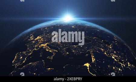 Sonnenaufgang über dem Planeten Erde aus dem Weltraum gesehen Stockfoto