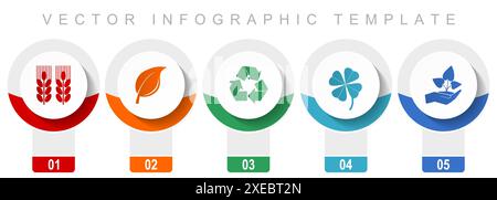 Symbolsatz für Landwirtschaft, verschiedene Vektorsymbole wie Weizen, Blatt, Recycling, Klee und Setzling, Infografik-Vorlage mit modernem Design, Web-Schaltflächen Stock Vektor