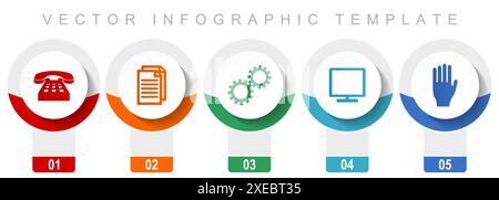 Technologiesymbole, verschiedene Vektorsymbole wie Telefon, Dokument, Getriebe, tv und Hand, Infografik-Vorlage mit modernem Design, Web-Schaltflächen in 5 Colo Stock Vektor
