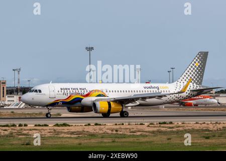 20240626 Palma de Mallorca PALMA, SPANIEN - 26. JUNI 2024: EC-LVS VUELING AIRBUS A320-200 AT - Palma de Mallorca am 26. Juni 2024 in Palma, . Palma Baleares Spanien *** 20240626 Palma de Mallorca PALMA, SPANIEN 26. JUNI 2024 EC LVS VUELING AIRBUS A320 200 in Palma de Mallorca am 26. Juni 2024 in Palma, Palma Baleares Spanien Stockfoto