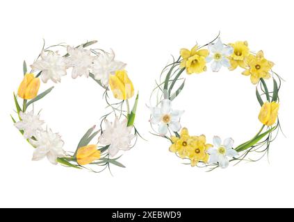 Elegante Frühlingsblumenkränze mit gelben Tulpen, weißen Lilien und gemischtem Grün für saisonale Einrichtung. Isolierte Objekte auf weißem Hintergrund für die Gestaltung einer Broschüre, eines Flyers, eines E-Packs, eines Etiketts oder einer Werbung. Digitale Kunst. Stockfoto