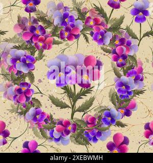 Ein atemberaubender Blumenkranz mit lila und rosa Blumen mit grünem Laub vor einem künstlerischen Hintergrund. Digitales nahtloses Muster auf beigefarbenem Hintergrund für den Druck auf Stoff und Papier. Stockfoto