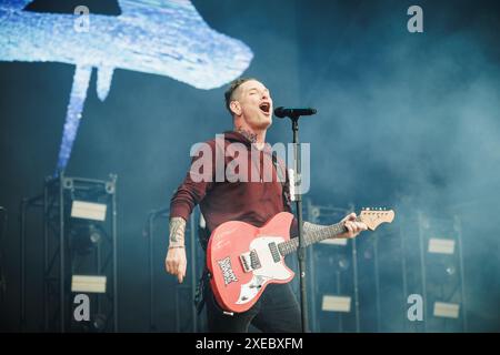 Kopenhagen, Dänemark. Juni 2024. Der US-amerikanische Sänger Corey Taylor spielt ein Live-Konzert während des dänischen Heavy-Metal-Festivals Copenhell 2024 in Kopenhagen. Stockfoto