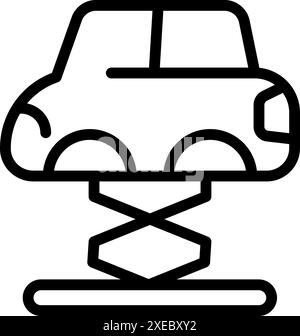 Liniensymbol eines Fahrzeugs, das auf einem hydraulischen Wagenheber angehoben wird und die Wartung und Reparatur des Fahrzeugs darstellt Stock Vektor