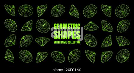 Mit Drahtdarstellung versehene Formen. Perspektivisches Netz, 3D-Raster. Geometrische Elemente mit niedrigem Poly. Futuristische Retro-Designelemente im y2k-, Vaporwave- und Synthwave-Stil Stock Vektor