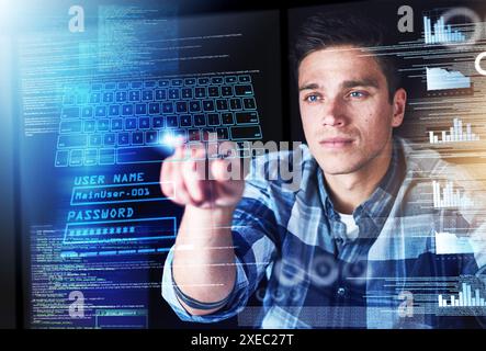 Schreiben, Mann und Codierung im Büro mit Hologramm, Grafiken und Benutzernamen für Hacking. Technologie, digitales Overlay und Programmiergerät mit männlichem Programmiergerät mit Anmeldung für Stockfoto