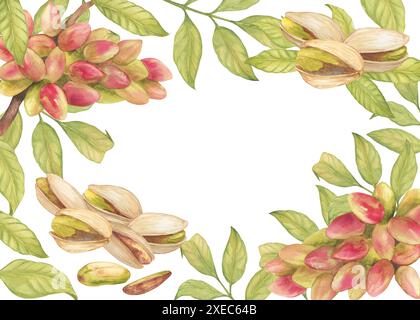 Rechteckiger Rahmen mit Früchten aus Pistazienbäumen, Pistaziennüssen, Aquarellabbildungen. Botanische Zeichnung Skizze stilisiert. Handgezeichnet, geeignet Stockfoto