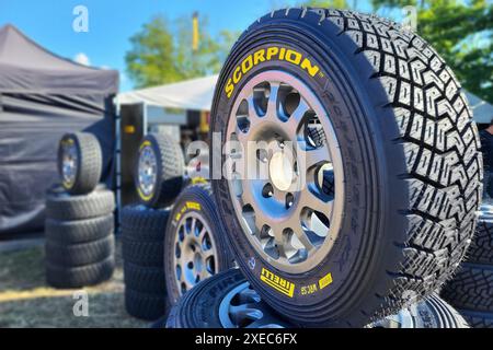 Schwarzes Gold, Rallye-Schottereifen der Marke Pirelli warten auf den Einsatz Motorsport, Rallye Weltmeisterschaft, FIA WRC, 80. Rallye Polen, Rallye-Weltmeisterschaft, Mikolajki, Polen, Servicepark, 26.06.2024 Foto: Eibner-Pressefoto/Jürgen Augst Stockfoto