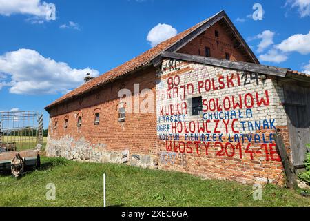 Die Rallyfans haben die Namen ihrer Favoriten auf eine Hauswand gesprueht Motorsport, Rallye Weltmeisterschaft, FIA WRC, 80. Rallye Polen, Rallye-Weltmeisterschaft, Mikolajki, Polen, Servicepark, 26.06.2024 Foto: Eibner-Pressefoto/Jürgen Augst Stockfoto