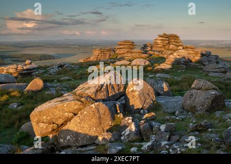 Erstes Licht auf den Granitfelsen von Roughtor in Bodmin Moor, Cornwall, England. Sommer (Juni) 2019. Stockfoto