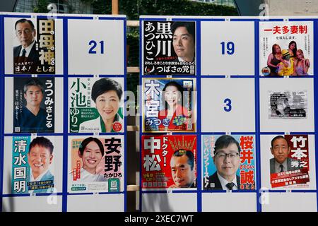 Plakate von Kandidaten für die Gouverneurswahl in Tokio sind am 27. Juni 2024 in Tokio zu sehen. Die Kampagnen für die Wahl des Gouverneurs von Tokio laufen bis zum 7. Juli. Quelle: Rodrigo Reyes Marin/AFLO/Alamy Live News Stockfoto