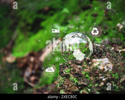 Eine Glaskugel mit einer Weltkarte darauf. Kugeln auf Holzboden mit verschiedenen Symbolen und Symbolen. Szene ist eine Szene des Umweltbewusstseins und der Susta Stockfoto