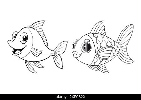 Kontur-Silhouette des Fisches im Färbestil der Kinder, Illustration von zwei Fischen isoliert auf weißem Hintergrund. Vektorabbildung Stock Vektor