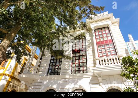 Isla Cristina, Huelva, Andalusien, Spanien - 23. Oktober 2023: Schöne und farbenfrohe Häuser in Isla Cristina Stadt, Huelva Stockfoto