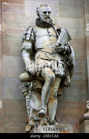 Denkmal von Miguel de Cervantes Saavedra vor der spanischen Nationalbibliothek in Madrid Stockfoto