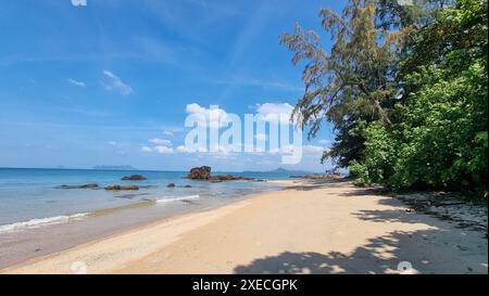 Ein Sandstrand erstreckt sich neben dem glitzernden Meer unter einem klaren blauen Himmel und schafft eine ruhige Landschaft von natürlicher Schönheit Stockfoto