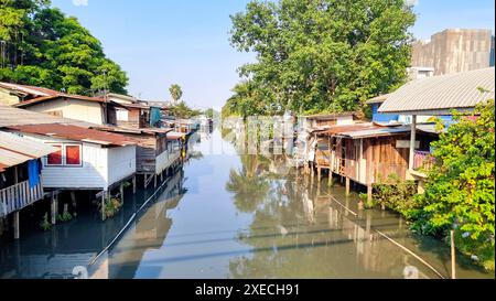 Ein ruhiger Fluss, der sich durch üppiges Grün schlängelt, mit malerischen Häusern an seinen Ufern, die eine malerische Flusslandschaft schaffen Stockfoto