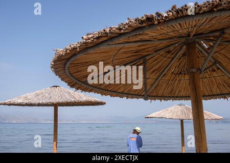 Großer Schilfschirm an einem Strand auf Korfu in Griechenland, mit ruhigem tiefblauem Meer. Stockfoto