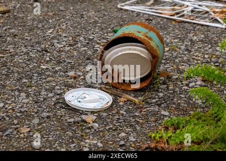 Der Mülleimer ist offen und hat einen weißen Deckel auf dem Boden Stockfoto