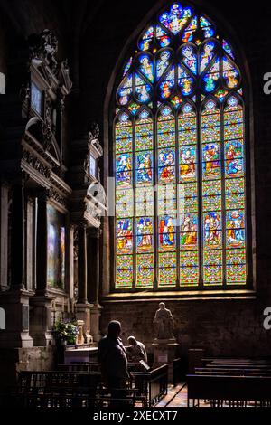 Wunderschönes Buntglasfenster in der Kirche Collegiale Saint Aubin in Guerande, Frankreich. Sonnenlicht strömt durch die leuchtenden Farben. Stockfoto