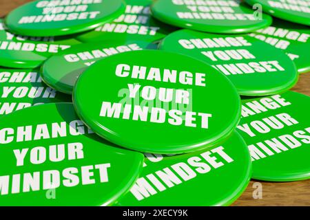 Ändere deine Einstellung. Ändere deine Einstellung. Grüne Abzeichen auf dem Tisch mit der Botschaft ändern Ihre Einstellung. Beratung, Fortschritt, Verbesserung, Motiv Stockfoto