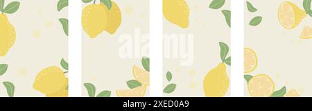 Handgezeichneter Zitronenhintergrund. Sammlung von Vorlagen mit saftigen Zitrusfrüchten. Vertikale Broschüren für Werbung, Präsentation, Menü und anderes Design Stock Vektor