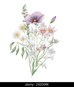 Wildblumenstrauß in Aquarellen. Botanische Anordnung von Wildblumen und Kräutern. Sommerliche Blumenkomposition Stockfoto