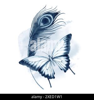 Pfauenfeder und Schmetterling Aquarellillustration. Handgezeichnetes Gemälde isoliert auf weißem Hintergrund. Einfarbige Schönheit und Reichtum in Indigo Blue Stockfoto