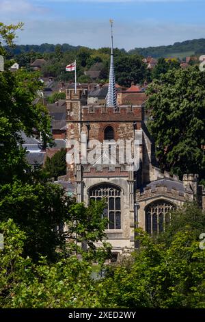Blick vom Windmühlenhügel auf St Marys Church, Hitchin, Hertfordshire, England Stockfoto