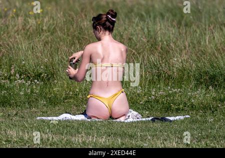 bild zeigt: Hampstead Heath Schwimmer in den Teichen und Sonnenanbeter auf dem Gras. Andere haben gerade ihre Strandkörper für die Kameras gezeigt Stockfoto