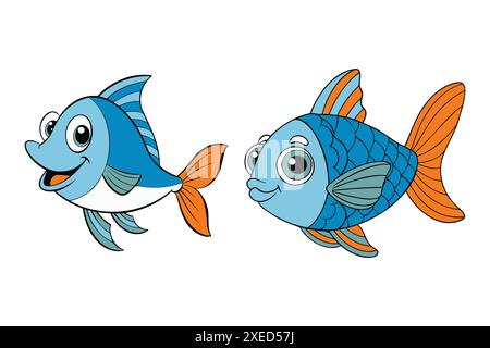 Fische in Kinderfarben, Illustration von zwei blau-orangen Fischen isoliert auf weißem Hintergrund. Vektorabbildung Stock Vektor