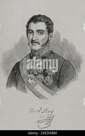 Carlos María Isidro de Borbón (1788–1855), bekannt als Don Carlos. Infante von Spanien, der erste Karlist, der als Carlos V. Portrait den spanischen Thron bekleidet. Gravur. "Espartero: su vida militar, política, descriptiva y anecdótica" (Espartero: Sein militärisches, politisches, deskriptives und anekdotisches Leben). Band I, 1879. Stockfoto