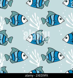 Meeresbodenmuster mit blauen Fischen und Algen auf pastellblauem Hintergrund, nahtloses Meeresmuster. Vektorabbildung Stock Vektor