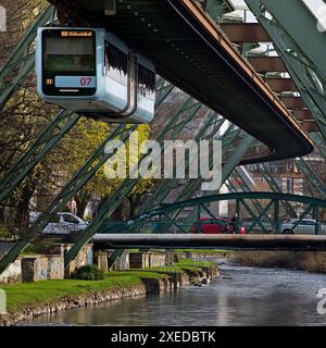 Schwebebahn über die Wupper im Stadtteil Barmen, Wuppertal, NRW, Deutschland, Europa Stockfoto