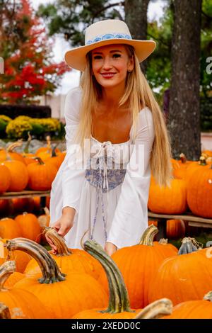 Ein hübsches blondes europäisches Model genießt es, Kürbisse und Blumen für Halloween-Feiertage zu kaufen Stockfoto