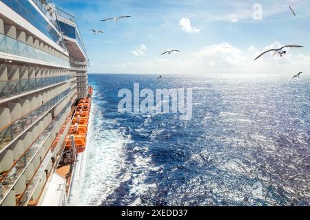 Blick auf das Meer von einem Kreuzfahrtdeck an einem hellen Tag mit Möwen Stockfoto