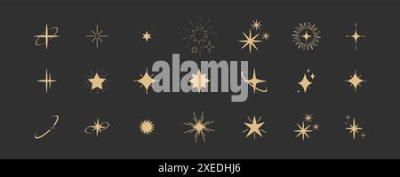 Goldene Glanzsymbole, Licht, Blinkstern, minimale Form, goldene Dekoration. Funkelnder magischer Comic-Glanz isoliert auf dunklem Hintergrund. Vektorabbildung Stock Vektor