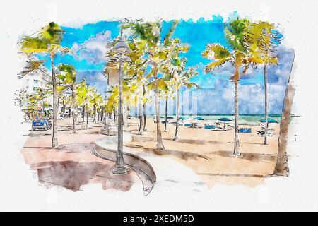 Aquarell-Illustration der Strandpromenade mit Palmen in Fort Lauderdale Stockfoto