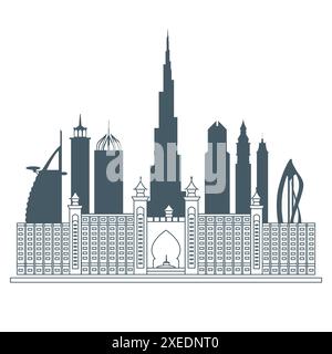 Die Silhouette der Wolkenkratzer der Vereinigten Arabischen Emirate. Dubai Gebäude, Hotels und Symbolvektorillustration. Skyline von Dubai. Türme und Wahrzeichen der Stadt Stock Vektor