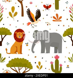Vektor-kindliche Babys nahtlose Musterillustration mit niedlichen Zeichentricktieren, Pflanzen. Löwe Elefant Vogel Kakteen Baumblumen Afrika Savannah Safari Stock Vektor