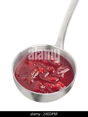 Traditioneller Borschtsch in Kelle, Rote Bete Suppe Borsch isoliert auf weißem Hintergrund, volle Schärfentiefe Stockfoto