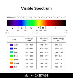 Sichtbares Spektrum, Diagramm des sichtbaren Lichts mit einer Tabelle der Wellenlängen, Frequenzen und Photonenenergien der Spektralfarben. Stockfoto