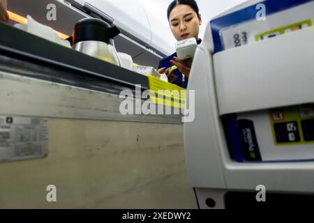 Flugbegleiter, der eine Kreditkartenzahlung für Mahlzeiten erhält, die den Passagieren in einer Flugzeugkabine Airbus A320 serviert werden, die von Flyadeal Budget Airline betrieben wird Stockfoto