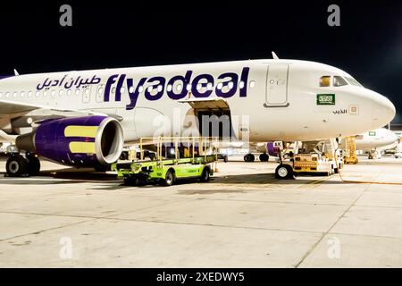 Airbus A320, betrieben von Flyadeal Budget Airline auf dem Asphaltflughafen Jeddah, Saudi-Arabien, JED, Asien Stockfoto