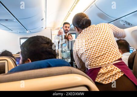 Zwei Flugbegleiter, männlicher Steward und weiblicher Stewardess servieren den Passagieren Getränke, die auf einem Stuhl in einer Flugzeugkabine der Boeing 787-10 Etihad sitzen Stockfoto